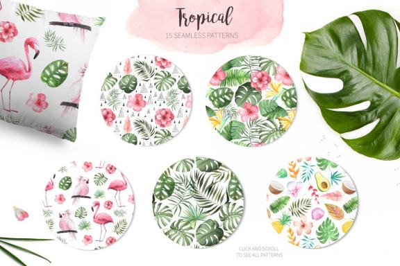 15 Watercolor Tropical Seamless Patterns Set