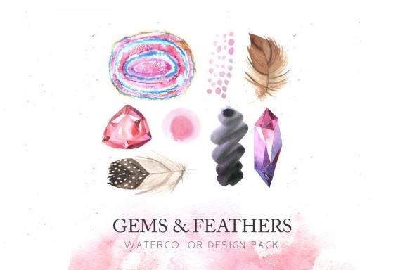 Watercolor Gems & Feathers clipart Set