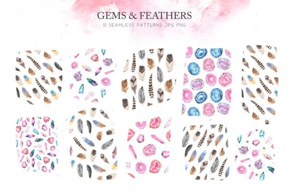Watercolor Gems & Feathers clipart Set