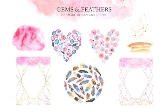 Watercolor Gems & Feathers clipart Set