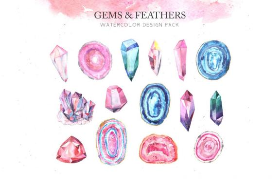 Watercolor Gems & Feathers clipart Set