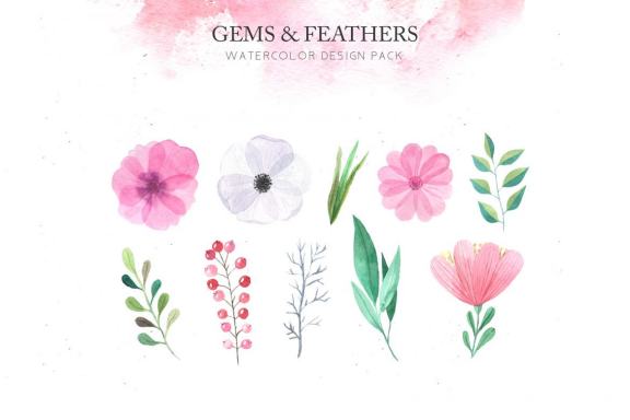 Watercolor Gems & Feathers clipart Set