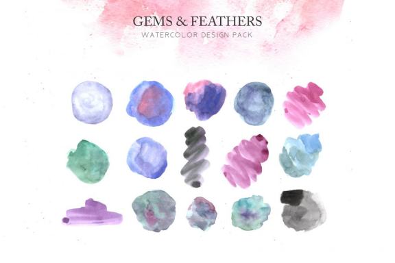 Watercolor Gems & Feathers clipart Set