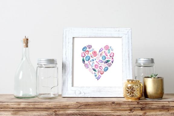 Watercolor Gems & Feathers clipart Set