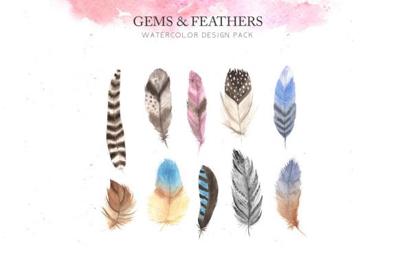 Watercolor Gems & Feathers clipart Set