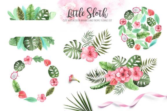 Watercolor Sloth animals and Tropic Florals clipart