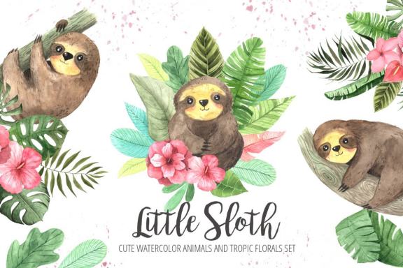 Watercolor Sloth animals and Tropic Florals clipart