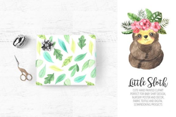Watercolor Sloth animals and Tropic Florals clipart