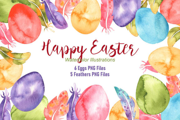 Watercolor Easter Eggs and Feathers