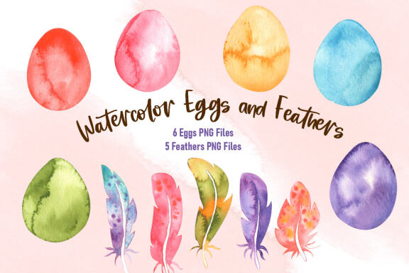 Watercolor Easter Eggs and Feathers