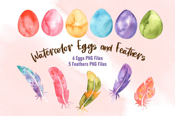 Watercolor Easter Eggs and Feathers