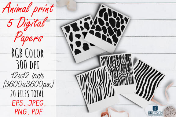 Black Animal Digital Papers pack. Animal prints.