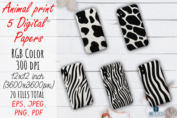 Black Animal Digital Papers pack. Animal prints.