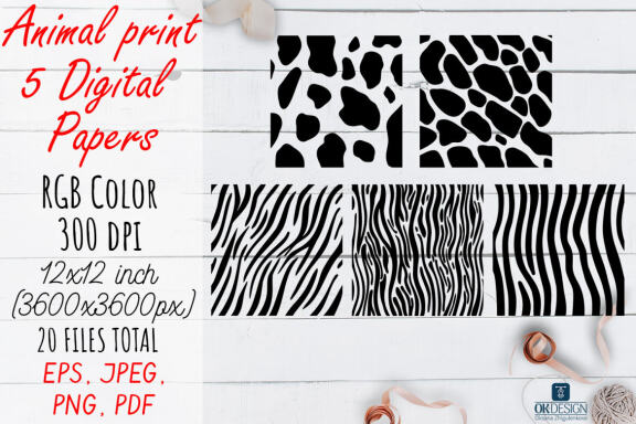 Black Animal Digital Papers pack. Animal prints.