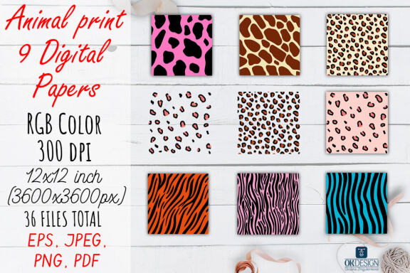 Color Animal Digital Papers pack. Animal prints.