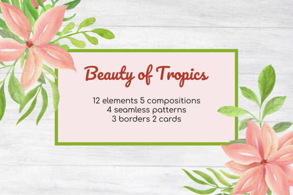 Watercolor Tropical clipart, cards and seamless patterns set