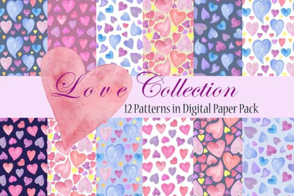 Love Colorful Hearts Watercolor digital paper collection