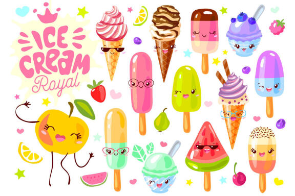 Cute Fruits Ice Cream Characters