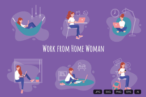 Woman Work from Home Hand Drawn