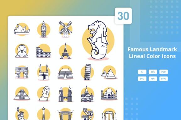 30 Famous Landmark - Lineal Color Icons