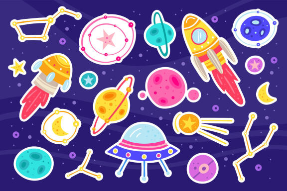 Space clipart. Spaceship, planet, alien, star, moon.