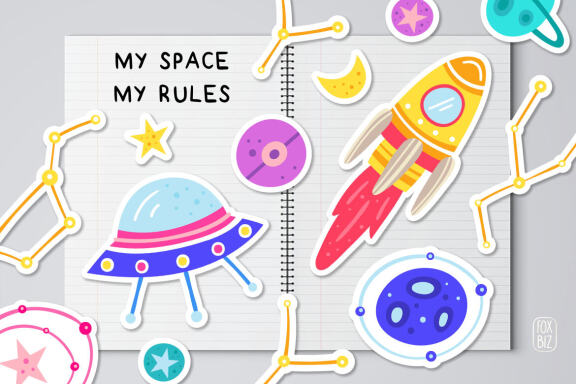 Space clipart. Spaceship, planet, alien, star, moon.