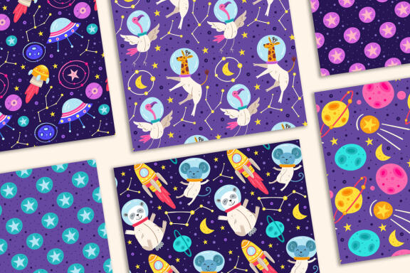 Space. Animals astronauts. Seamless patterns.