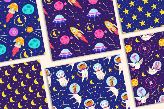 Space. Animals astronauts. Seamless patterns.
