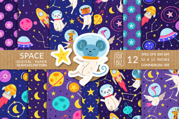 Space. Animals astronauts. Seamless patterns.