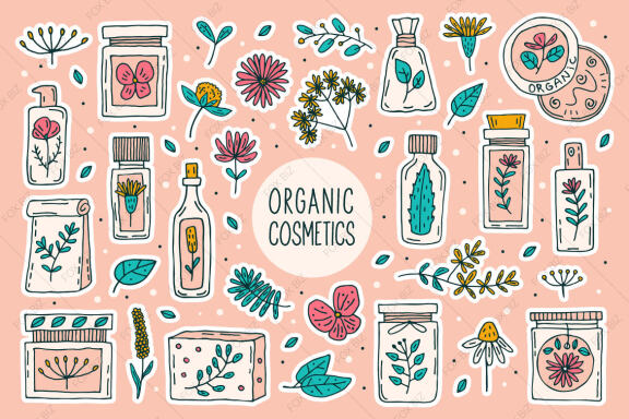Organic cosmetics. Vector prints, stickers, backgrounds.