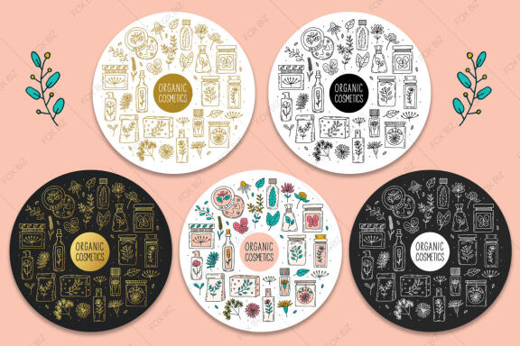 Organic cosmetics. Vector prints, stickers, backgrounds.