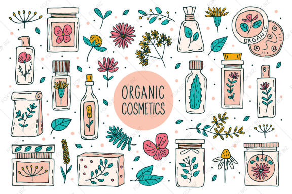 Organic cosmetics. Vector prints, stickers, backgrounds.