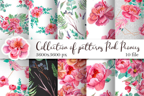 Pink peonies digital paper, seamless pattern
