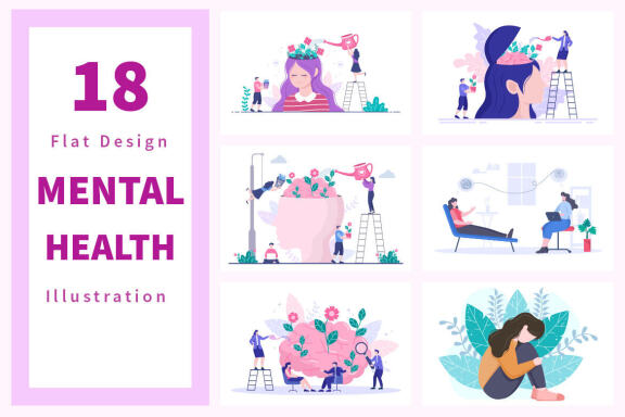 18 Mental Health Psychology Flat Illustration