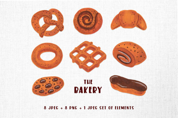 Bakery illustrations. Card design. Seamless border, patterns