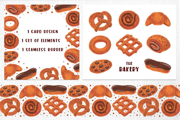 Bakery illustrations. Card design. Seamless border, patterns