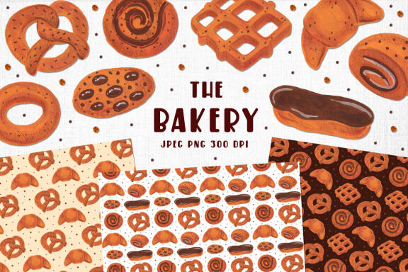 Bakery illustrations. Card design. Seamless border, patterns