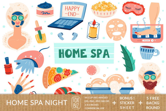 Home spa clipart. Digital prints, backgrounds. Stickers