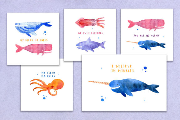 Sea creatures, animals. Watercolor Illustration and pattern