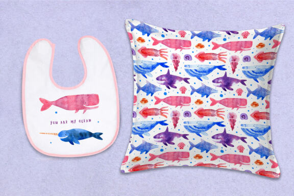 Sea creatures, animals. Watercolor Illustration and pattern