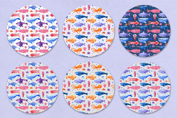Sea creatures, animals. Watercolor Illustration and pattern