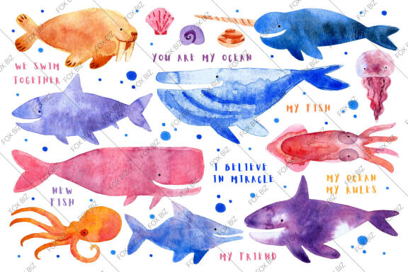 Sea creatures, animals. Watercolor Illustration and pattern
