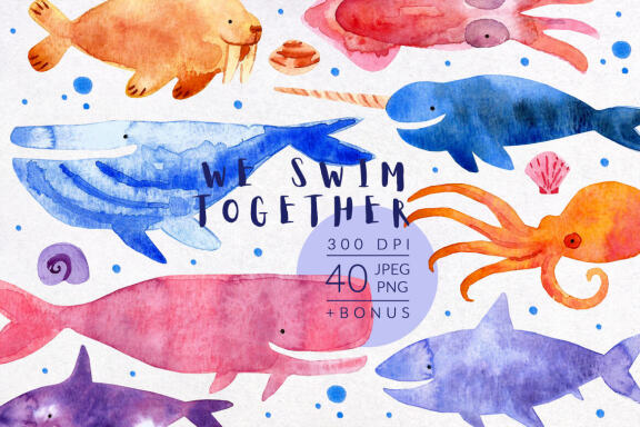 Sea creatures, animals. Watercolor Illustration and pattern