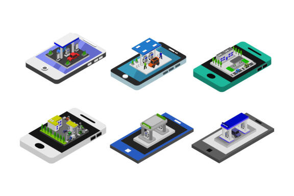 set of smartphones with gas station online