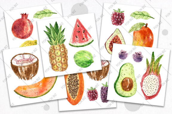 Tropical fruits watercolor clipart. JPEG PNG