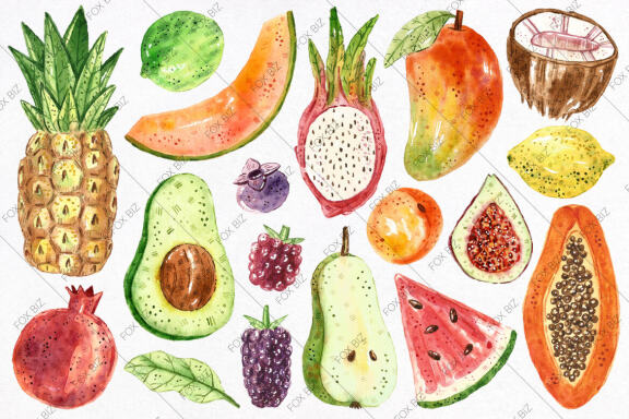 Tropical fruits watercolor clipart. JPEG PNG