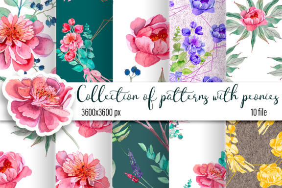 Peonies digital paper, seamless pattern