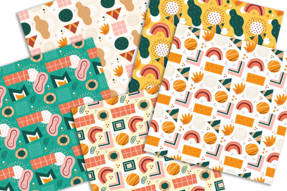 Abstract shapes hand drawn flat seamless patterns