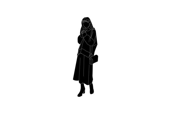 Vector illustration of woman in winter outfit, Flat style with outline