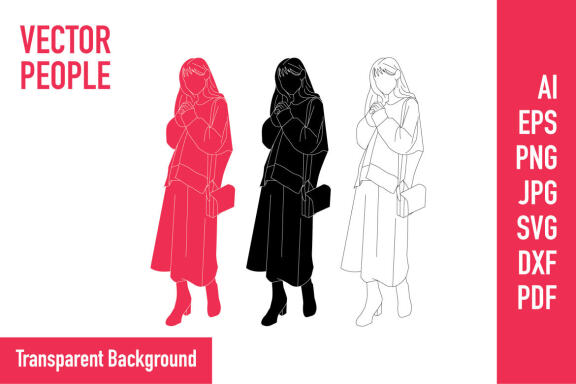 Vector illustration of woman in winter outfit, Flat style with outline